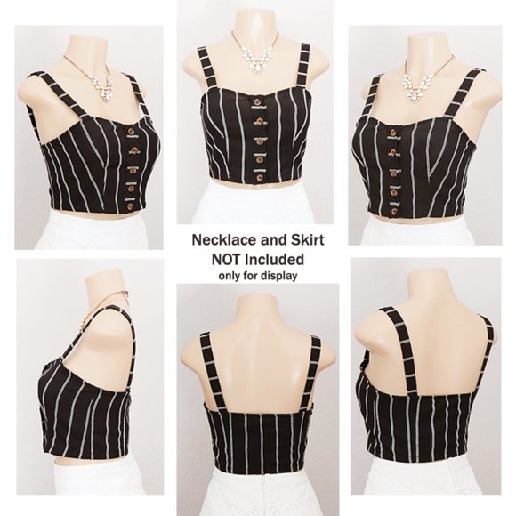 Black Striped Linen Cotton Button Up Cropped Top - Picture 7 of 8